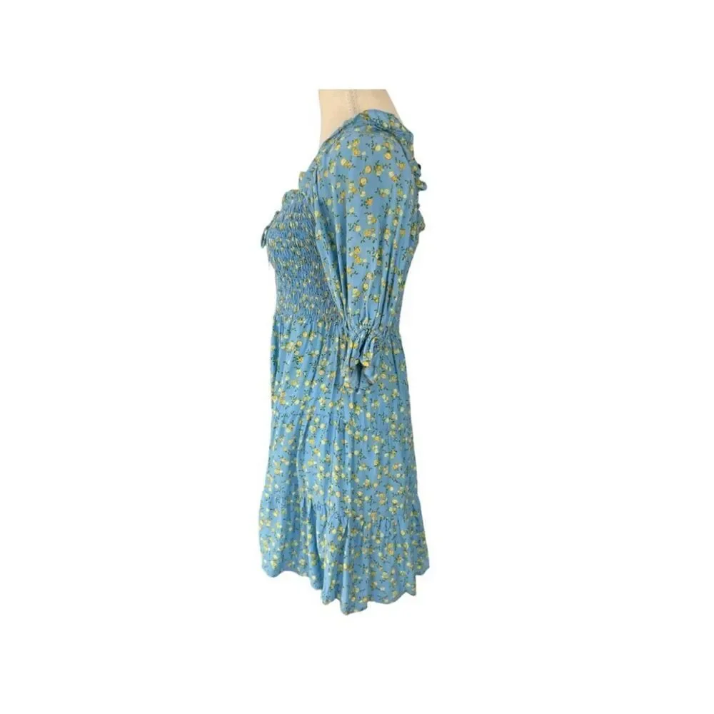 Faithfull The Brand NWT Charlotte Mini Dress Ana Floral Print Blue & Yellow Sz 4